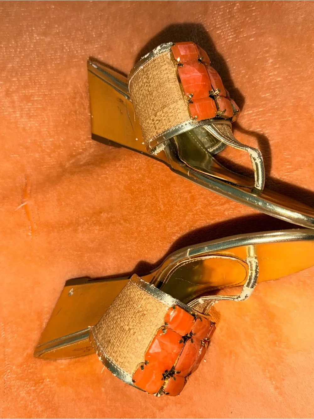 vintage y2k metallic gold - orange jeweled wedge sandals 🧡 touch of nina 8.5 M